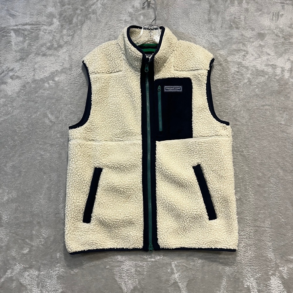 Vineyard Vines SuperShep Vest Mens Medium Cream Navy Sherpa Fleece Full Zip